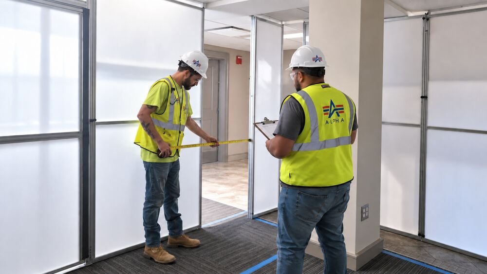 Alpha crew measuring an infection-control containment wall